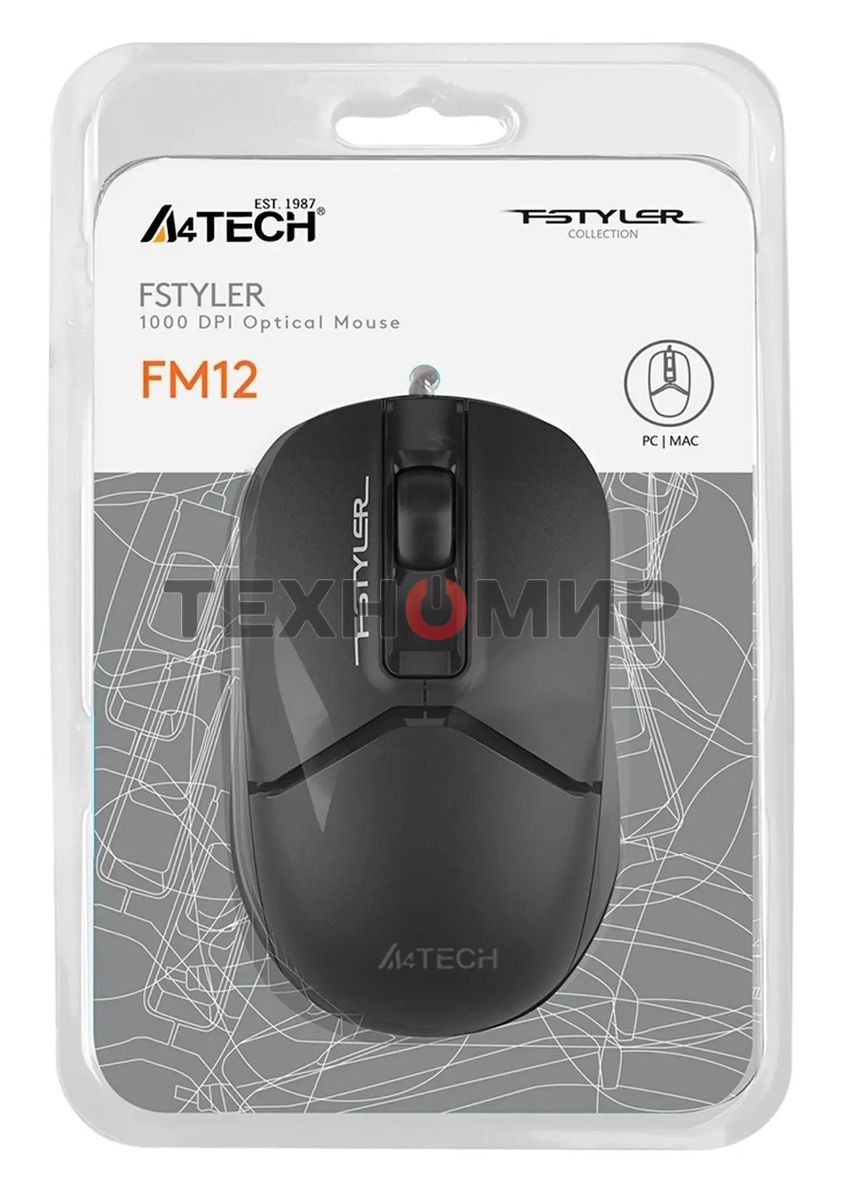 Мышь проводная A4Tech Fstyler FM12 черный, 1200 dpi, USB, кнопки - 3
