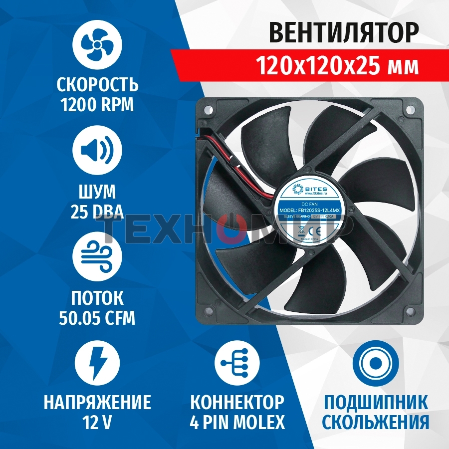 Вентилятор для корпуса 5bites FB12025S-12L4MX черный, 120 x 120 мм, 1200 об/мин, 25 дБ, 4 pin