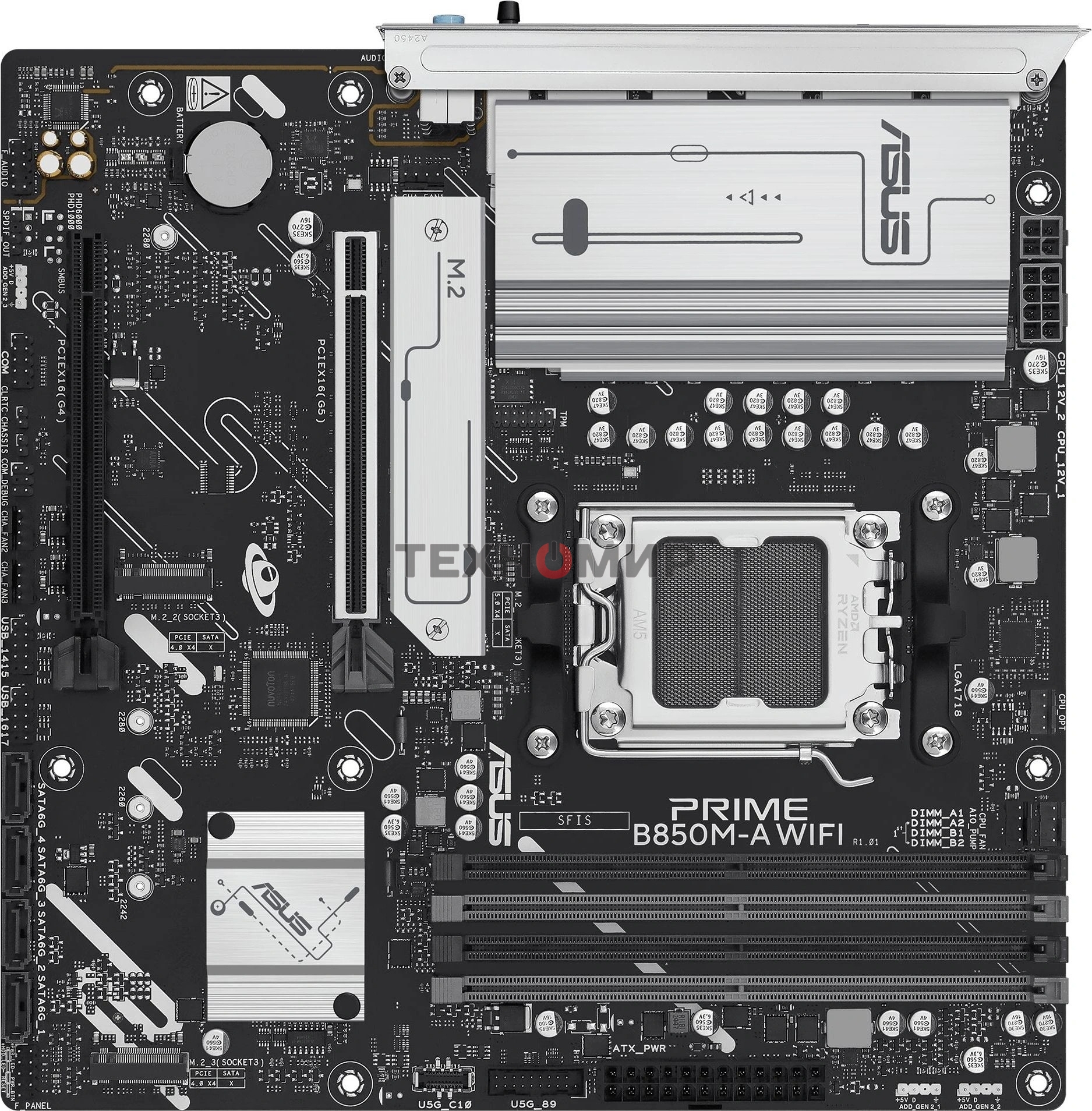 Материнская плата ASUS PRIME B850M-A WIFI, AM5, AMD B850, 4xDDR5, 4xSATA, 3xM.2, 1xPCIe 5.0 x16, 1xPCIe 4.0 x16, 1xHDMI, 2xDP, 1x2.5Gb LAN, Wi-Fi 6E, Bluetooth 5.3, 2xUSB-A 10Gbps, 2xUSB-A 5Gbps, 4xUSB-A 2.0, 3x3.5 мм, 7.1, mATX