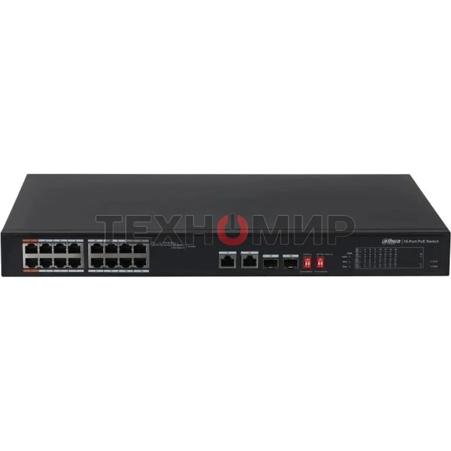 Коммутатор неуправляемый 16-портовый Dahua DH-S3218-16ET-135 с РоЕ, 16xRJ45 100Mb, 2хКомбо SFP/RJ45 1Gb uplink, суммарно до 135Вт, коммутация 7.2 Гбит/с, MAC-таблица 8К