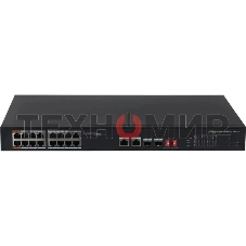 Коммутатор неуправляемый 16-портовый Dahua DH-S3218-16ET-135 с РоЕ, 16xRJ45 100Mb, 2хКомбо SFP/RJ45 1Gb uplink, суммарно до 135Вт, коммутация 7.2 Гбит/с, MAC-таблица 8К