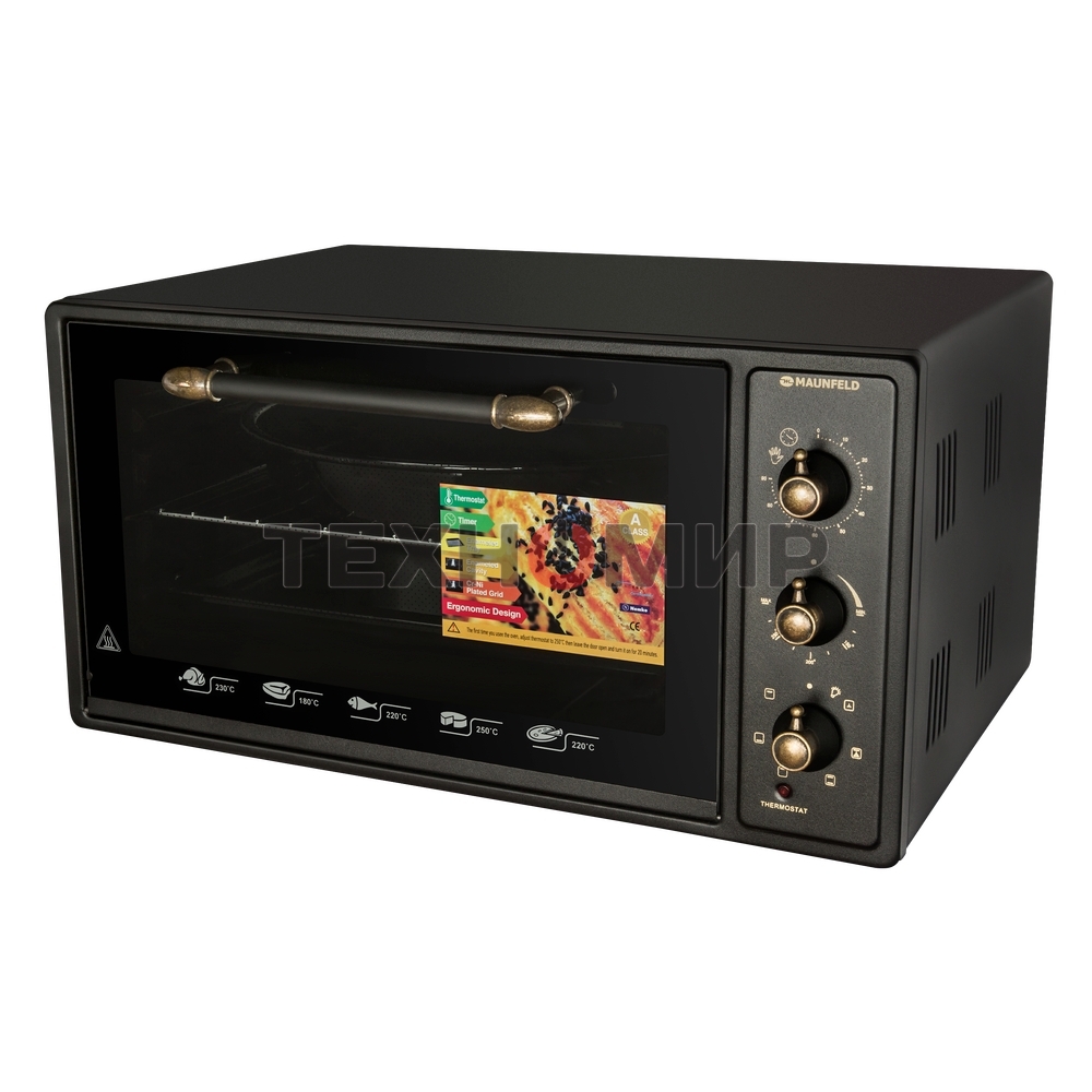 Мини-печь Maunfeld Мини-печь Maunfeld/ширина 60 см, механическое управление, 45 л,конвекция, черный+стекло,фурнитура бронза