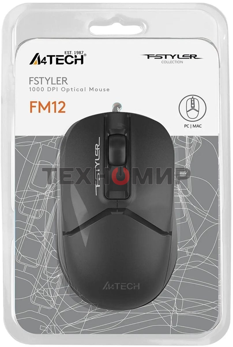 Мышь проводная A4Tech Fstyler FM12S черный, 1200 dpi, USB, кнопки - 3