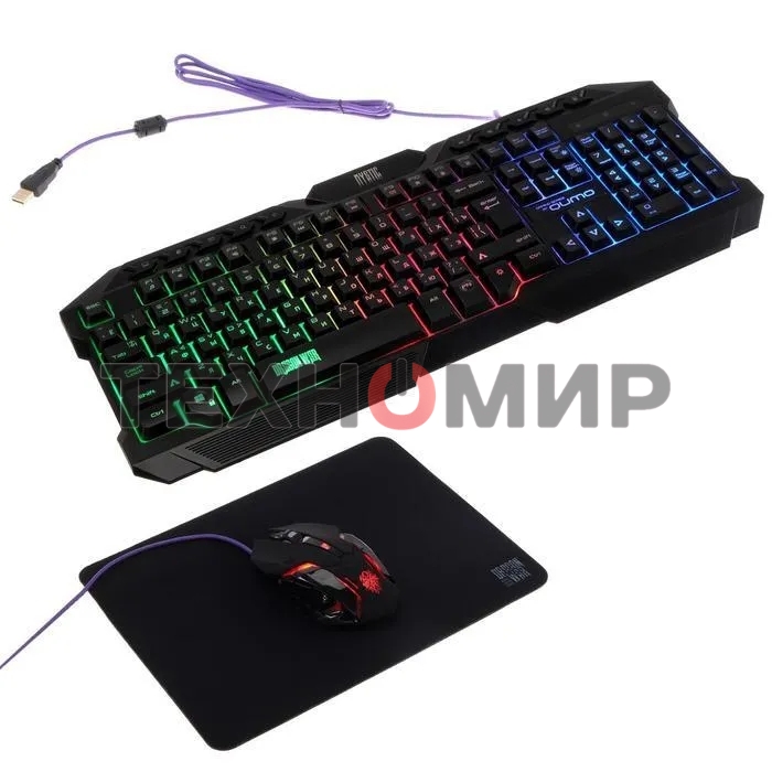 Игровой комплект Qumo Mystic K58/M76, кл-ра проводная 104 + 10 клавиш мультимедиа, встроенные подсветки общая + кнопок 3 цвета, мышь проводная, оптическая, 1200/1600/2400/3200 dpi с подсветкой, коврик
