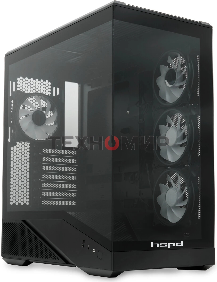Компьютерный корпус без блока питания HSPD F711-TGbK-ARGB, Panoramic Full Tower, черный, TG, 0.7 SPCC, 4x120мм ARGB ATX, mATX, mITX 190/420/280мм 2x2.5