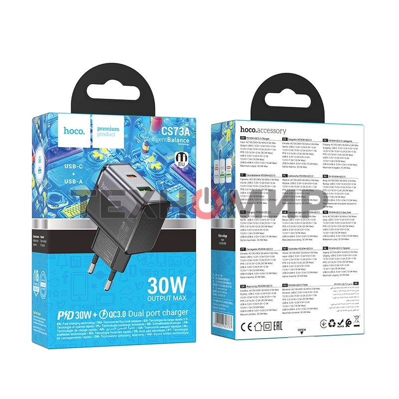 Зарядное устройство Hoco 30Вт, 3А, QC3.0/PD, 1xUSB, 1xType-C, CS73A, черный, коробка
