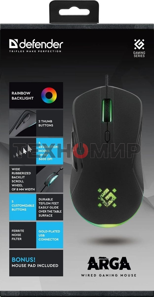 Мышь проводная Defender Arga GM-049 черный, 3600 dpi, USB, кнопки - 6