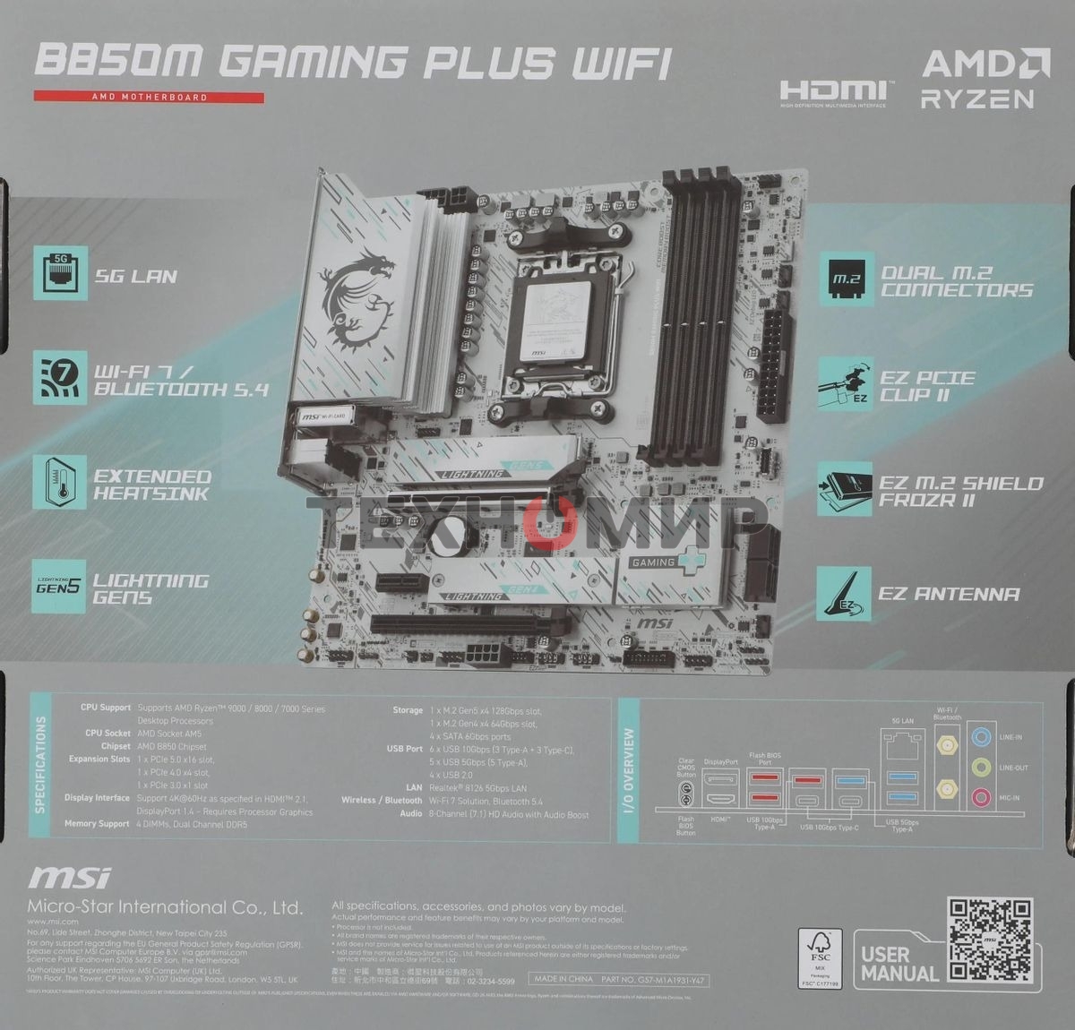 Материнская плата MSI B850M GAMING PLUS WIFI, AM5, AMD B850, 4xDDR5, 4xSATA, 2xM.2, 1xPCIe 5.0 x16, 1xPCIe 4.0 x4, 1xPCIe 3.0 x1, 1xDP, 1xHDMI, 1x5Gb LAN, Wi-Fi 7, Bluetooth 5.4, 3xUSB-C 10Gbps, 3xUSB-A 10Gbps, 3xUSB-A 5Gbps, 3x3.5 мм, 7.1, mATX