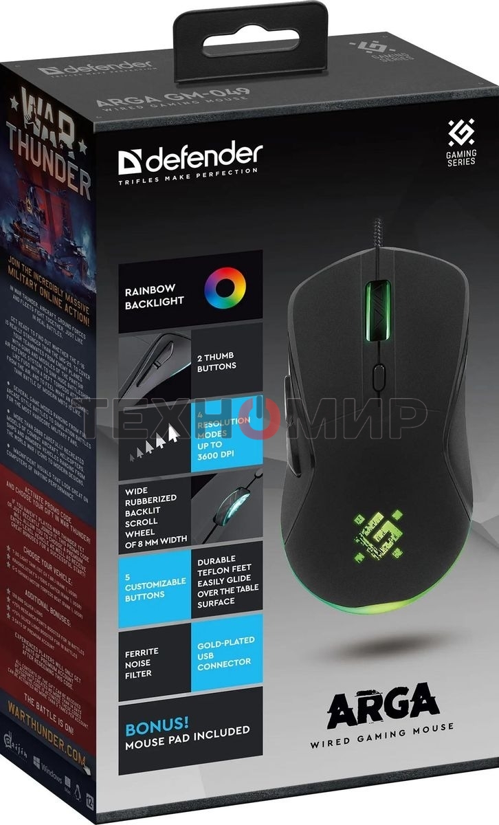 Мышь проводная Defender Arga GM-049 черный, 3600 dpi, USB, кнопки - 6