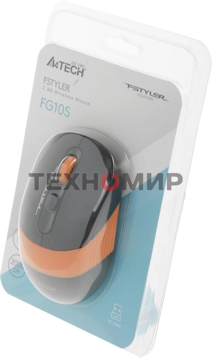 Мышь беспроводная A4Tech Fstyler FG10S черный/оранжевый, 2000 dpi, радиоканал, USB, кнопки - 4