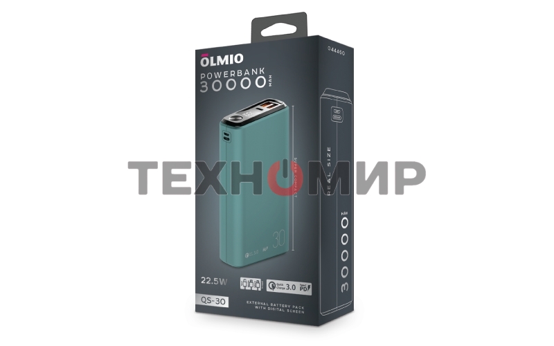 Портативный аккумулятор OLMIO QS-30, 30000mAh, 22.5W, QuickCharge3.0/PowerDelivery, LCD, темно-зеленый