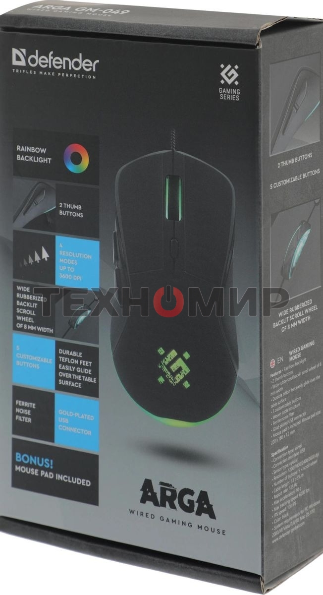 Мышь проводная Defender Arga GM-049 черный, 3600 dpi, USB, кнопки - 6