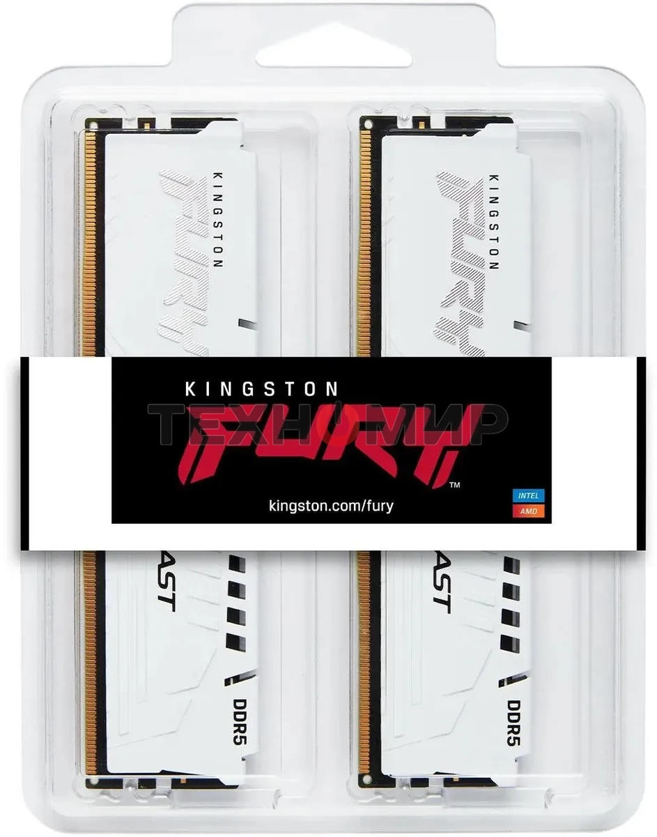 Оперативная память Kingston Fury Beast, DDR5, 64Gb (2x32Gb), 5600MHz, CL40, DIMM, с радиатором, белый