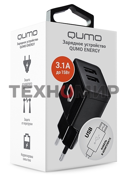 Сетевое зарядное устройство Qumo Energy (Charger 0062), 2 USB, 3.1A, Micro USB cable, черный
