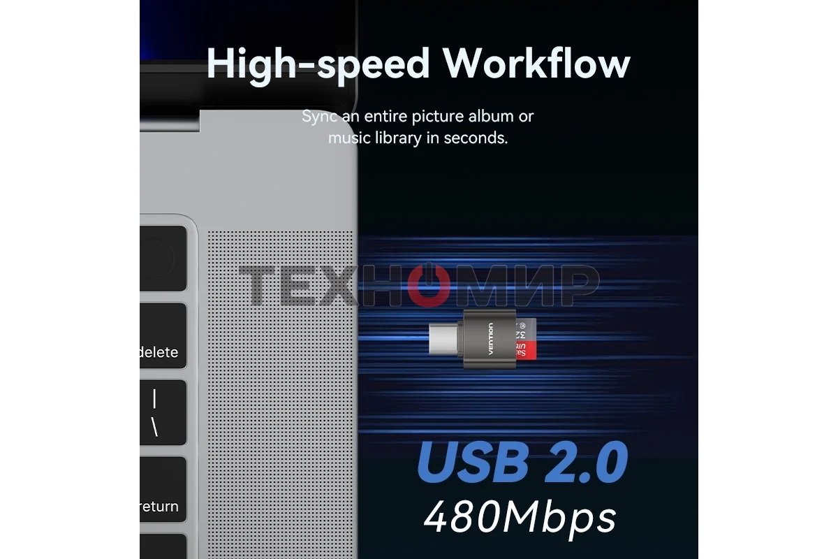 Кард-ридер Vention CLMH0/серый/OTG USB 2.0 CM/MicroSD/USB Type-C/металл