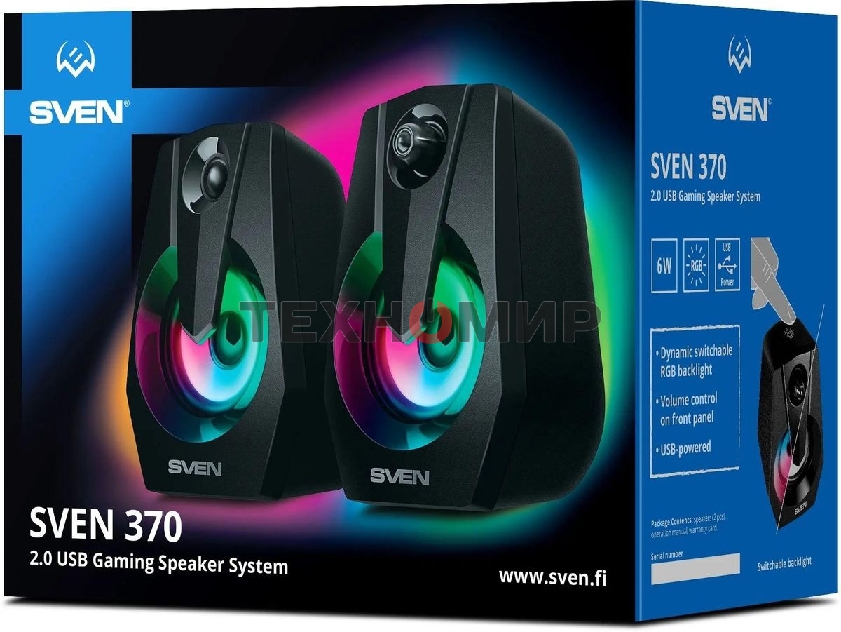 Акустическая система Sven 370 2.0 черные (2x2W, USB, RGb подсветка)