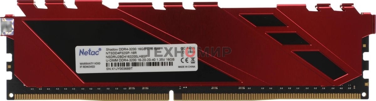 Оперативная память NETAC Shadow, DDR4, 16GB (1x16GB), 3200MHz, CL16, DIMM, с радиаторами, красный