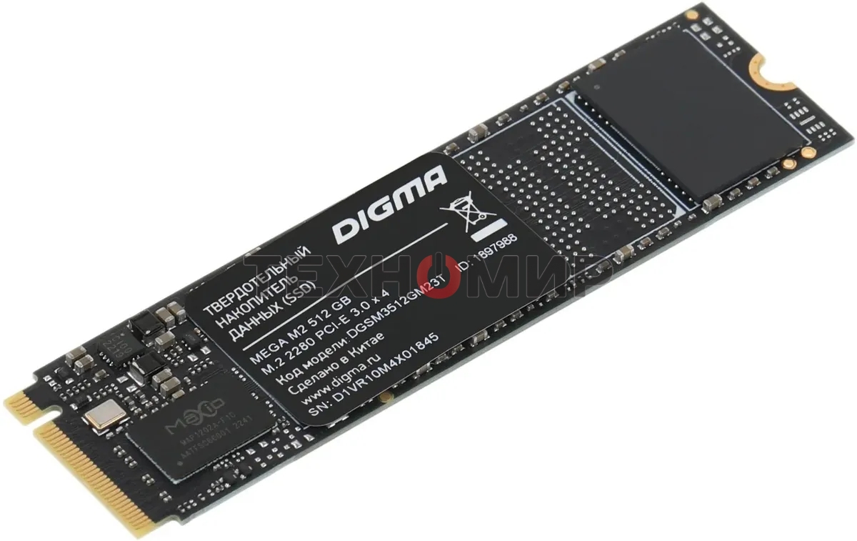 Накопитель SSD Digma Mega M2 DGSM3512GM23T, 512Gb, PCIe 3.0 x4, M.2 2280, NVMe, R/W 3300/2700