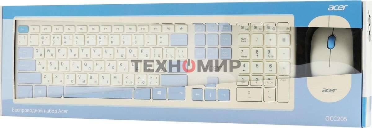 Комплект клавиатура + мышь Acer OCC205 беспроводной USB, 1200 dpi, белый/голубой