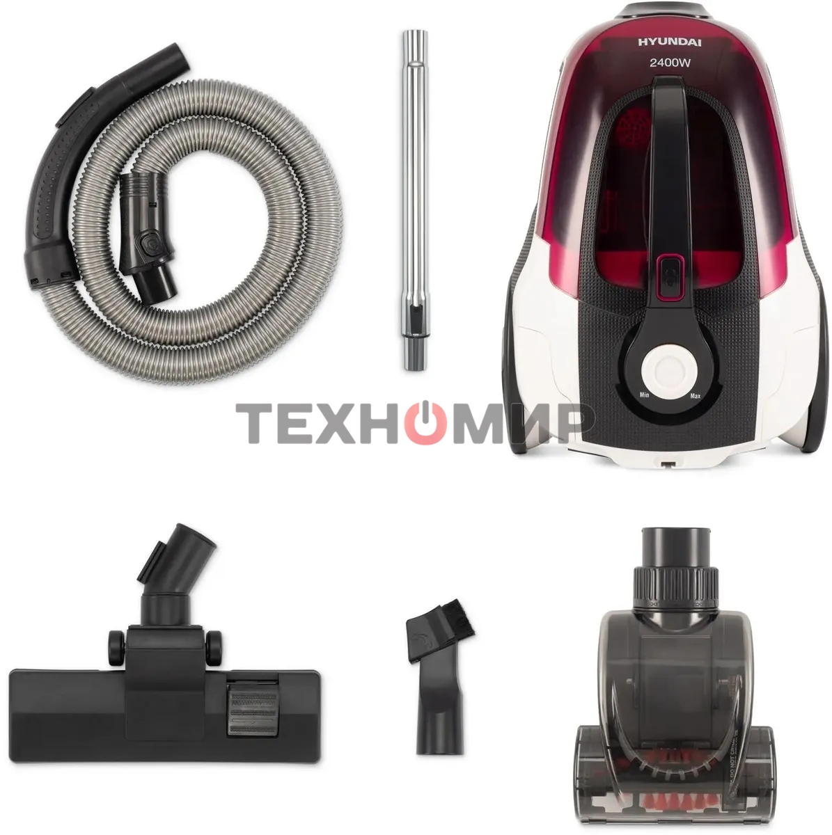 Пылесос Hyundai HYV-C3370 белый/красный, 380/2400 Вт, уборка сухая, пылесборник контейнер 3.5 л