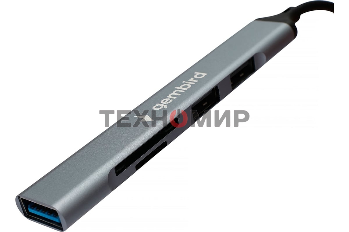 Кард-ридер Type-C/USB-A (3.1) Gembird 5в1: 2xUSB 2.0, USB3.1, SD/TF, кабель 10 см, алюминий