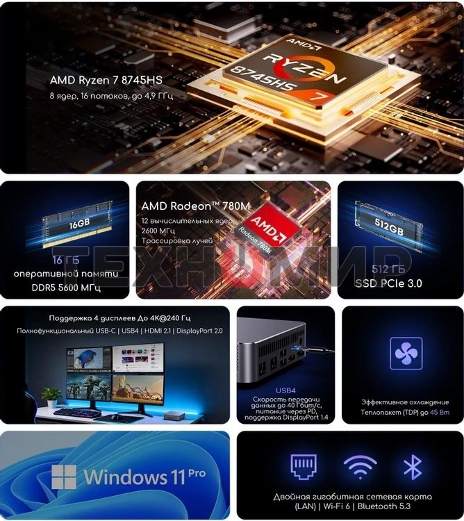 Неттоп Acer Gadget E10 ERBox Ryzen 7 8745HS (3.8) 16Gb SSD512Gb UHDG Windows 11 Pro 2xGbitEth WiFi BT 120W черный (1747236)