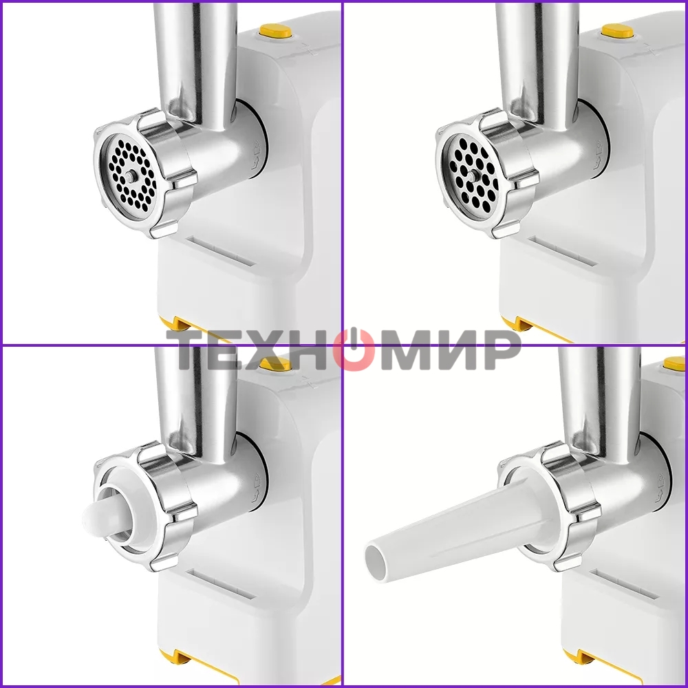 Мясорубка электрическая Kitfort КТ-2113-2 белый/желтый, 1000 Вт, 1.2 кг/мин, реверс, защита от перегрузки, насадки - 4