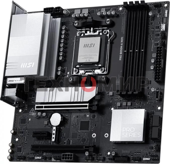 Материнская плата MSI PRO B850M-A WIFI, AM5, AMD B850, 4xDDR5, 4xSATA, 2xM.2, 1xPCIe 5.0 x16, 1xPCIe 4.0 x4, 1xPCIe 3.0 x1, 1xHDMI (v2.1), 1xDP (v1.4), 1x5Gb LAN, Wi-Fi 7, Bluetooth 5.4, 2xUSB-C 10Gbps, 3xUSB-A 10Gbps, 3xUSB-A 5Gbps, 2x3.5 мм, 7.1, mATX