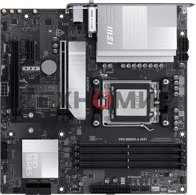 Материнская плата MSI PRO B850M-A WIFI, AM5, AMD B850, 4xDDR5, 4xSATA, 2xM.2, 1xPCIe 5.0 x16, 1xPCIe 4.0 x4, 1xPCIe 3.0 x1, 1xHDMI (v2.1), 1xDP (v1.4), 1x5Gb LAN, Wi-Fi 7, Bluetooth 5.4, 2xUSB-C 10Gbps, 3xUSB-A 10Gbps, 3xUSB-A 5Gbps, 2x3.5 мм, 7.1, mATX