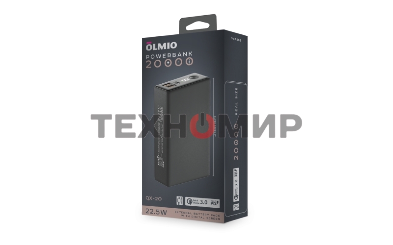 Портативный аккумулятор OLMIO QX-20, 20000mAh, 22.5W, QuickCharge3.0/PowerDelivery, LCD, графитовый