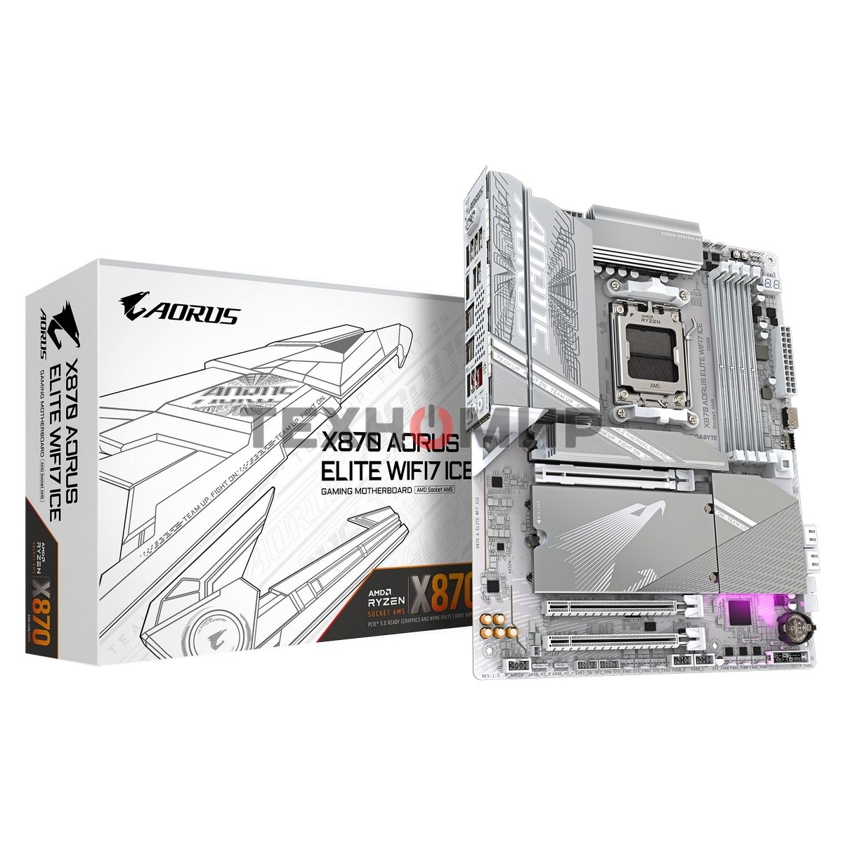 Материнская плата Gigabyte X870 AORUS ELITE WIFI7 ICE, AM5, AMD X870, 4xDDR5, 4xSATA, 4xM.2, 1xPCI-E 5.0 x16, 1xPCI-E 4.0 x4, 1xPCI-E 3.0 x2, 1xHDMI, 1x 2.5Gb LAN, 2xUSB-C 4.0, 2xUSB 3.2 Gen 2, 4xUSB 3.2 Gen 1, 4xUSB 2.0, 2x3.5 мм, 7.1, ATX
