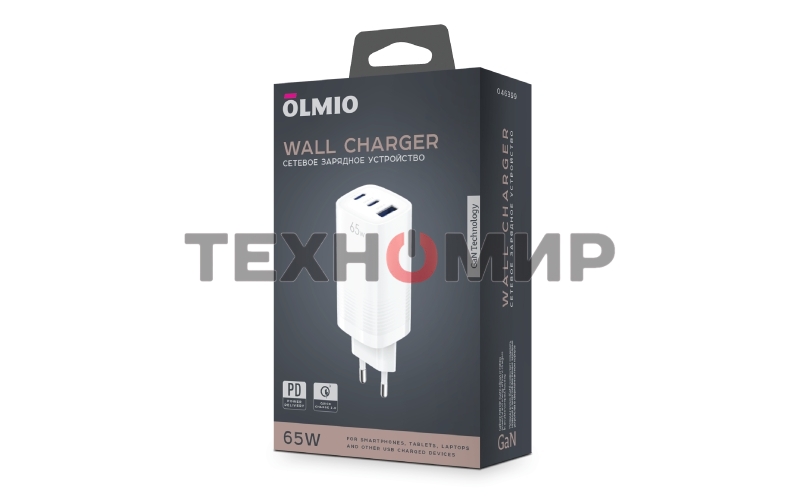Сетевое зарядное устройство OLMIO 2Type-C/USB, 65W, 6A, QuickCharge3.0, PowerDelivery3.0, GAN