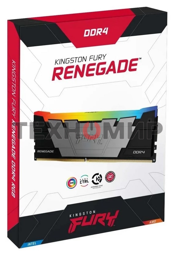 Оперативная память Kingston Fury Renegade, DDR4, 16GB (1x16GB), 3600MHz, CL16, DIMM, с радиатором, RGB, серый/черный