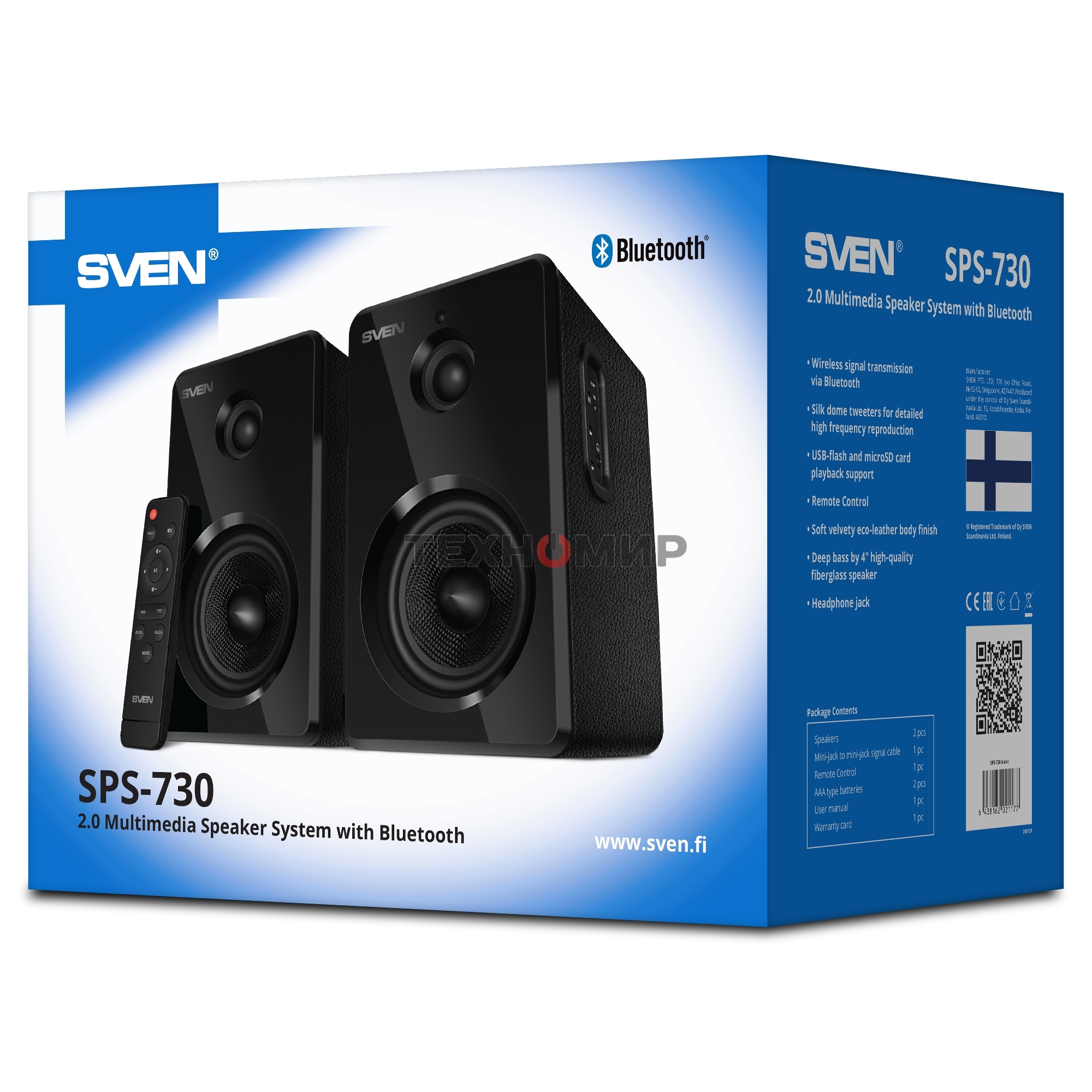 Акустическая система SVEN SPS-730 2.0 черные (2x25Вт, экокожа, USB/SD, пульт ДУ, Bluetooth)