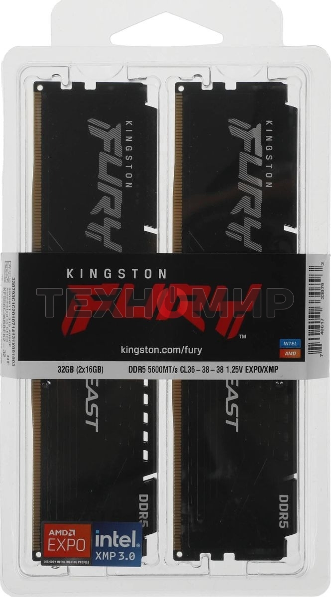 Оперативная память Kingston Fury Beast, DDR5, 32GB (2x16GB), 5600MHz, CL36, DIMM, с радиаторами, черный