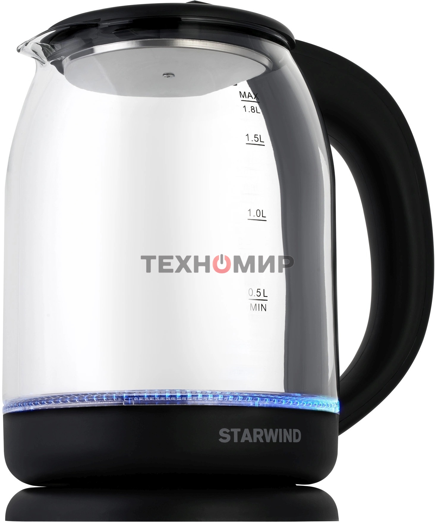 Чайник электрический Starwind SKG1779 1.8 л, 1700 Вт, прозрачный/черный корпус: стекло