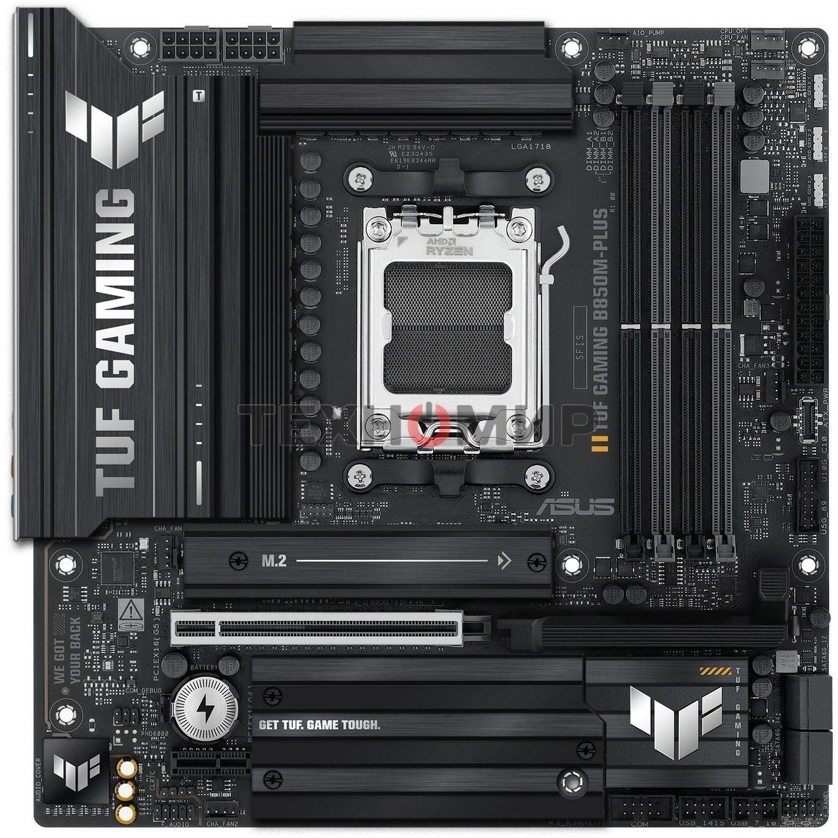 Материнская плата ASUS TUF Gaming B850M-Plus, AM5, AMD B850, 4xDDR5, 4xSATA, 3xM.2, 1xPCIe 5.0 x16, 1xPCIe 4.0 x4, 1xPCIe x1, 1xDP, 1xHDMI, 1x2.5Gb LAN, 4xUSB 2.0, 4xUSB 3.2 Gen 1, 3xUSB 3.2 Gen 2, 1xUSB-C, 3x3.5 мм, 7.1, mATX