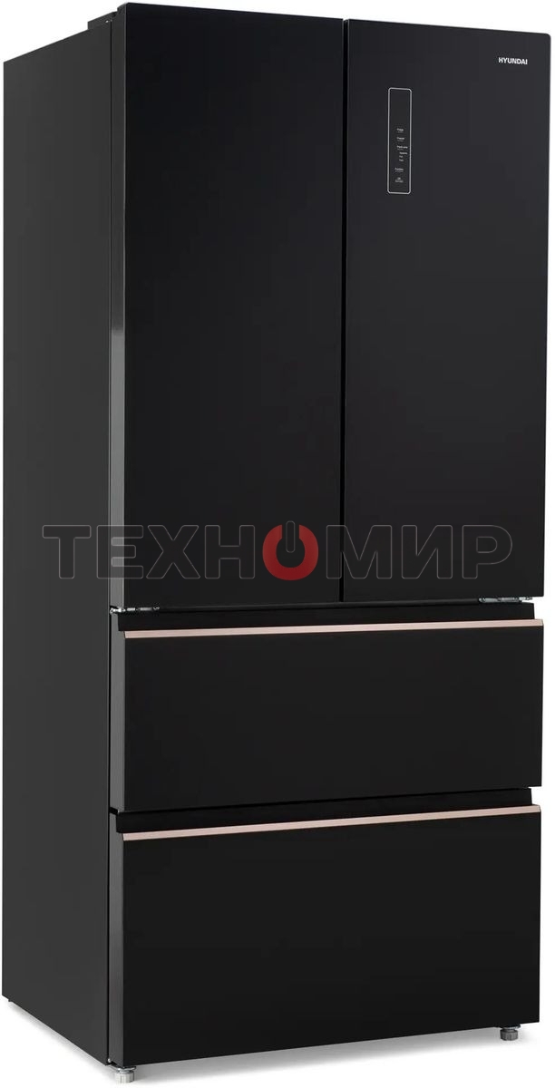 Холодильник Hyundai CM55043F черный стекло трехкамерный, 354/186, морозилка снизу, No Frost, Side by Side