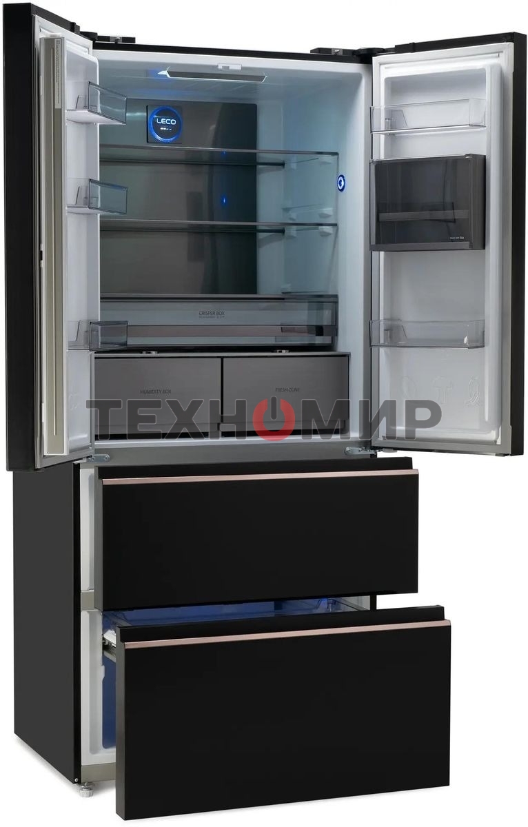 Холодильник Hyundai CM55043F черный стекло трехкамерный, 354/186, морозилка снизу, No Frost, Side by Side