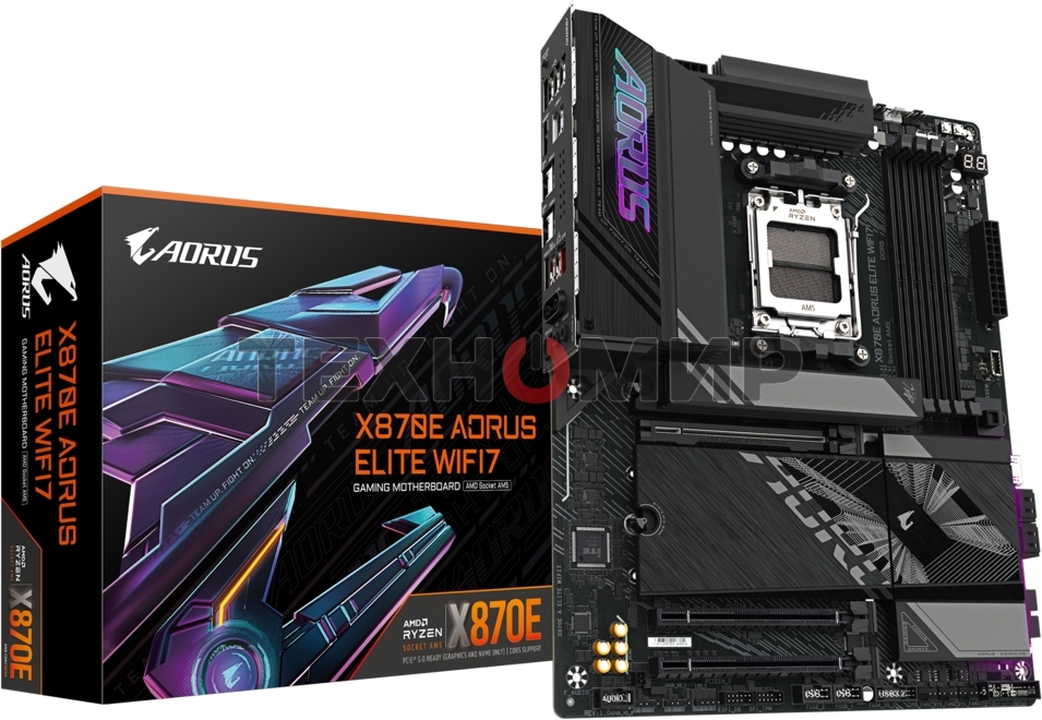 Материнская плата Gigabyte X870E AORUS ELITE WIFI7, AM5, AMD X870E, 4xDDR5, 4xSATA, 4xM.2, 1xPCI-E 5.0 x16, 1xPCI-E 4.0 x4, 1xPCI-E 3.0 x4, 1xHDMI, 1x 2.5Gb LAN, 4xUSB-A 3.2 Gen 1, 2xUSB-A 3.2 Gen 2, 4xUSB-A 2.0, 2xUSB-C 4.0, 2x3.5 мм, 7.1, ATX