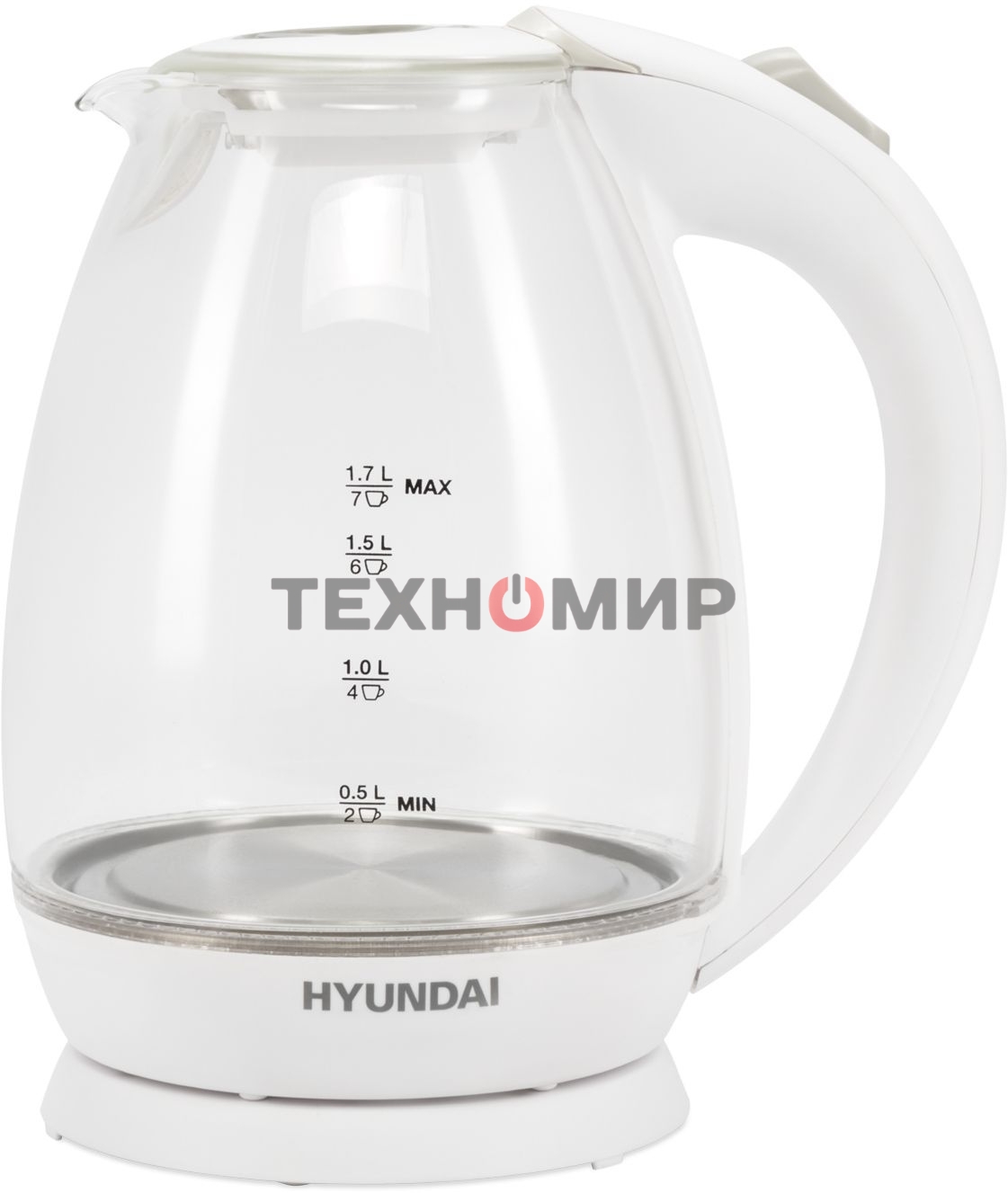 Чайник электрический Hyundai HYK-G2409 1.7 л, 2200 Вт, белый/серебристый (корпус: стекло)