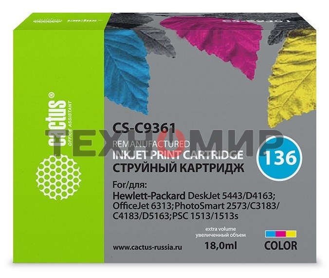 Картридж струйный Cactus CS-C9361 №136 трехцветный (18 мл.) для HP DJ 5443/D4163/DJ 6313/PS 2573/C3183/C4183/D5163/1513/1513s
