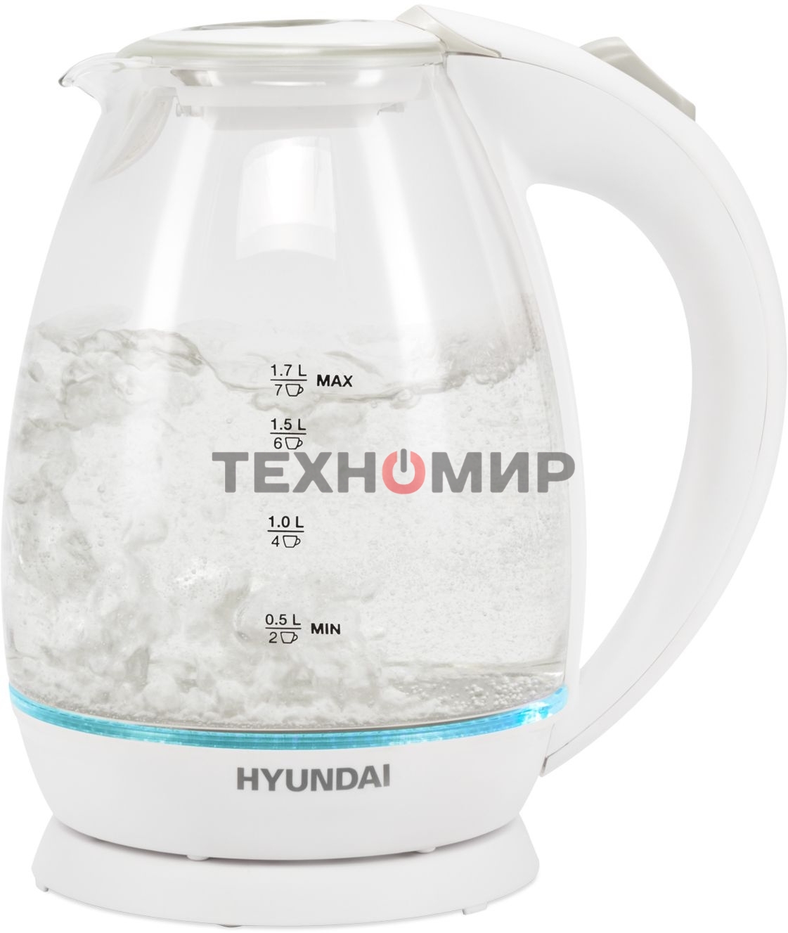 Чайник электрический Hyundai HYK-G2409 1.7 л, 2200 Вт, белый/серебристый (корпус: стекло)