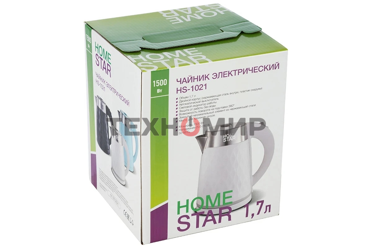 Чайник электрический Homestar HS-1021, 1500 Вт, 1.7 л, нержавейка+пластик, белый, двойной корпус