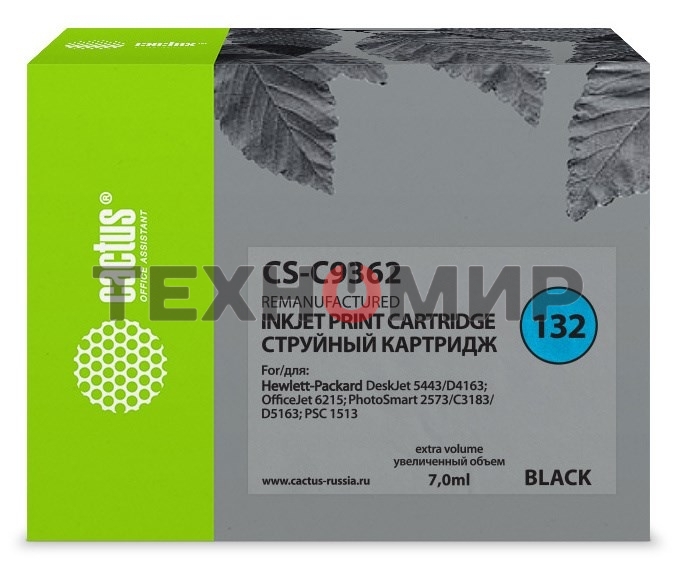 Картридж струйный Cactus CS-C9362 №132 черный (7 мл) для HP DJ 5443/D4163/DJ 6215/PS 2573/C3183/D5163/PSC 1513