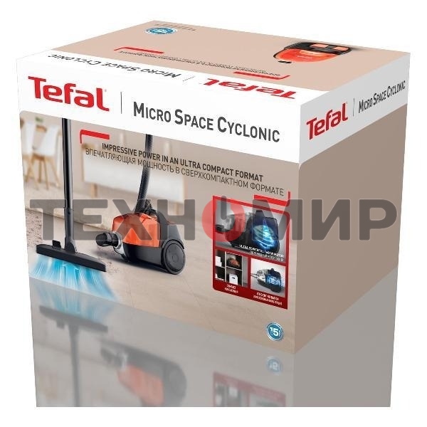 Пылесос Tefal MICRO SPACE CYCLONIC TW3235EA оранжевый/черный, 350/1600 Вт, уборка сухая, пылесборник контейнер 1 л