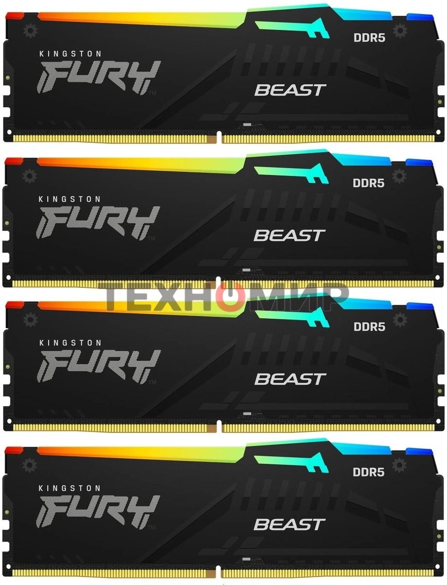 Оперативная память Kingston Fury Beast RGB, DDR5, 64Gb (4x16 GB), 6000 MHz, CL40, радиатор, RGB, черный