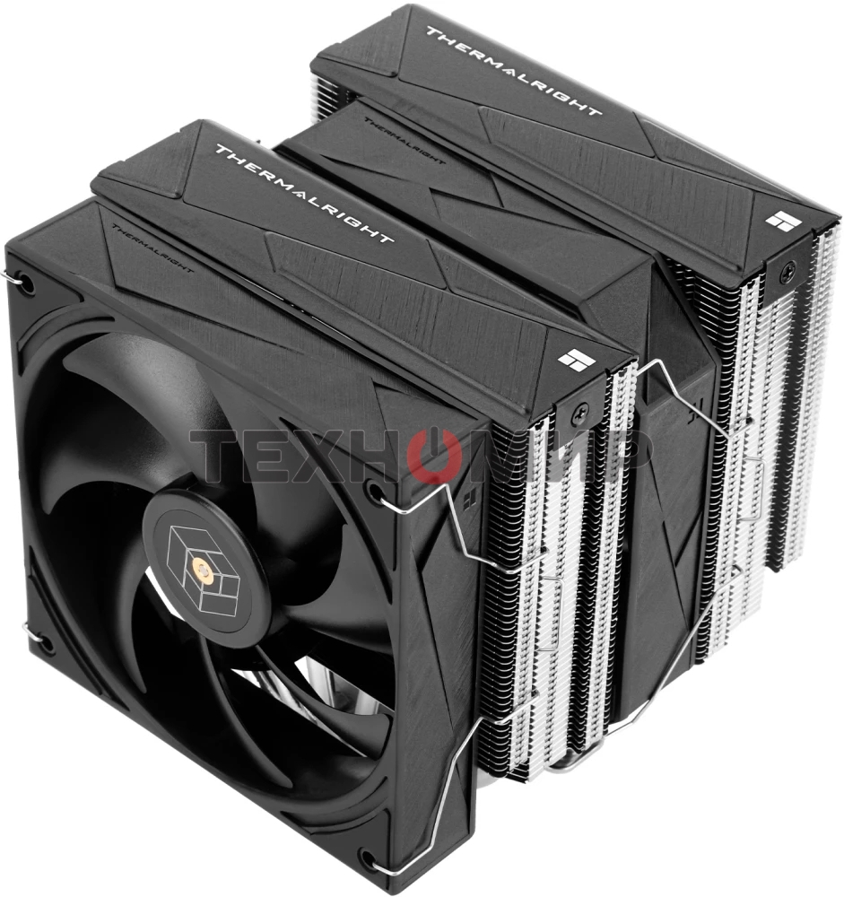 Кулер для процессора Thermalright Royal Pretor 130 (4-pin PWM, 158мм, Ni/Cu, 6x6мм, 1x120+1x130мм, 80.45CFM/81.88CFM, 29.4dBA/28.3dBA, 2150PM/1750RPM, S: 1200, 1700, 1851, 2011, 2066, 115X, AM4, AM5, silver, black)