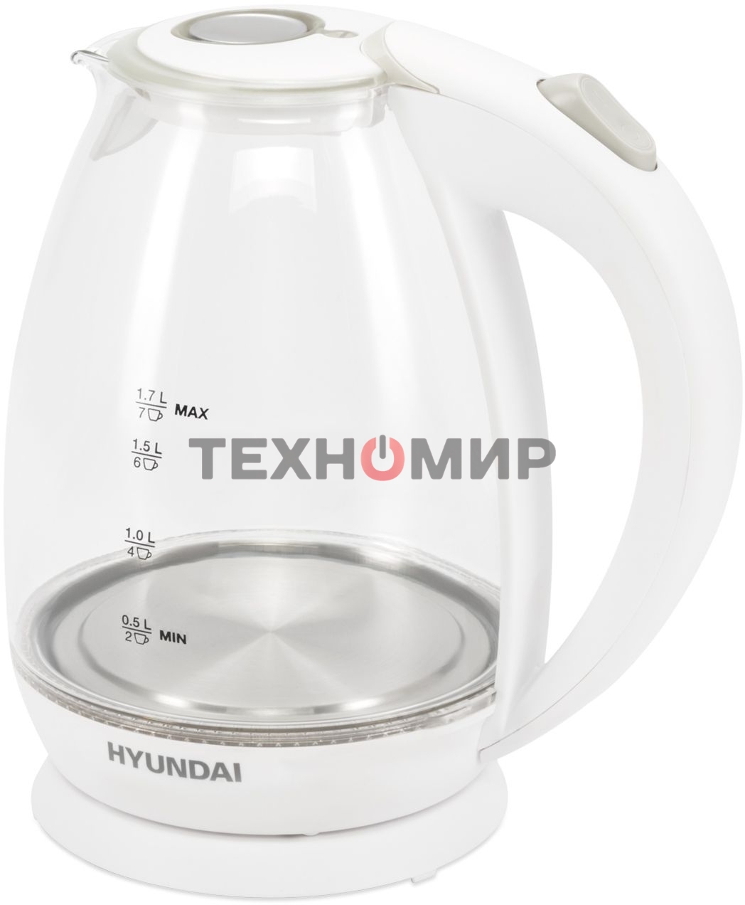 Чайник электрический Hyundai HYK-G2409 1.7 л, 2200 Вт, белый/серебристый (корпус: стекло)