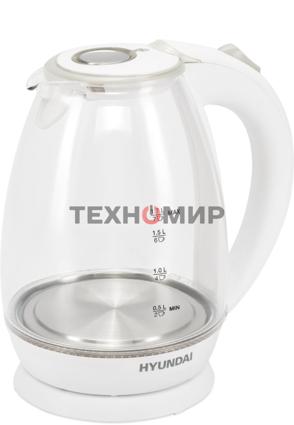Чайник электрический Hyundai HYK-G2409 1.7 л, 2200 Вт, белый/серебристый (корпус: стекло)